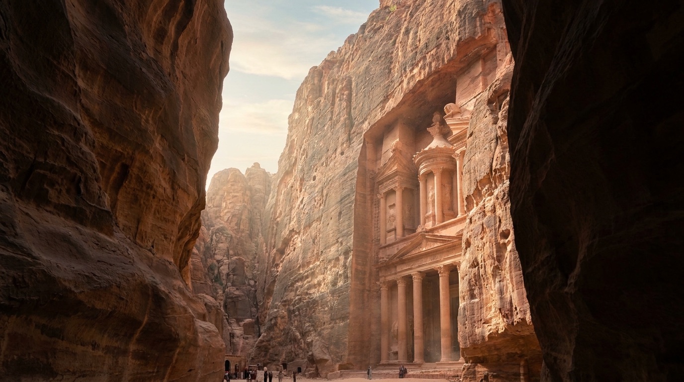 The Treasury at Petra carved into rose-red sandstone